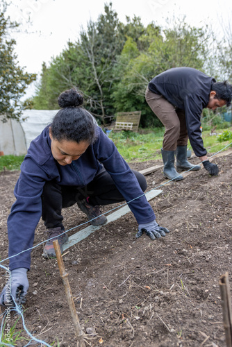 Personas cultivando una huerta ecológica al aire libre