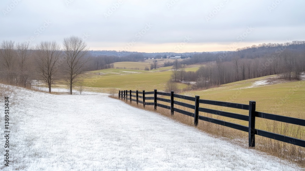 A snow-covered path bordered by black wooden fence leading through a serene countryside landscape, and overcast winter day with distant rolling hills. A snow-covered path bordered by black wooden fence leading through a serene countryside landscape, and overcast winter day with distant rolling hills.