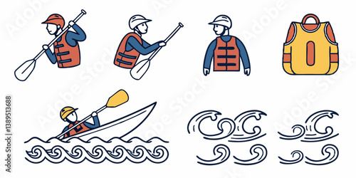 Kayaking Safety Vector Icons: Kayak Paddling, Life Vest, Waves, Backpack. Cartoon Line Art