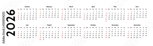 Calendar for 2026 isolated on a white background