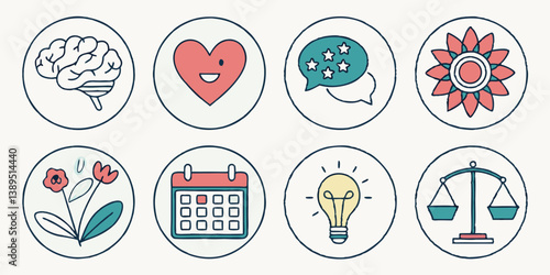 8 Cartoon Vector Icons Brain Heart Feedback Flower Calendar Light Bulb Scales Representing Mind Emotion Communication Growth Time Idea Balance Illustration