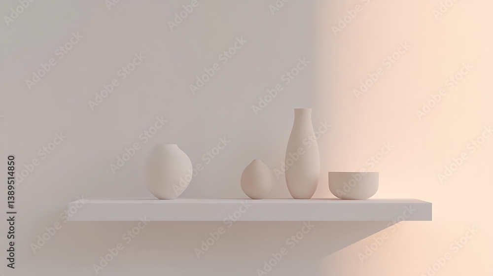 Minimalist white ceramic vases and bowl on shelf. Minimalist white ceramic vases and bowl on shelf.