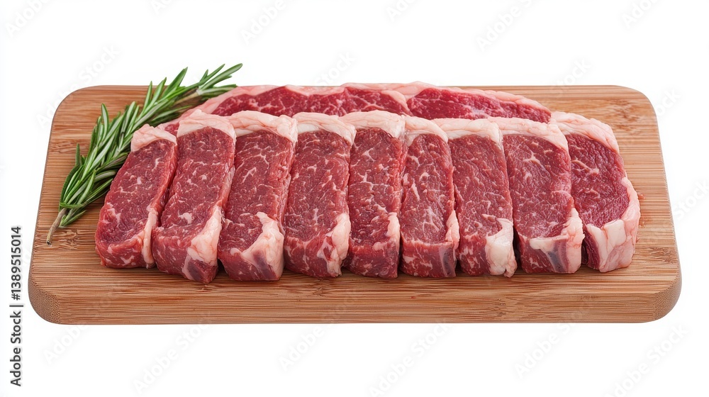 Striploin food concept. Juicy striploin steak sliced and arranged on a wooden board Striploin food concept. Juicy striploin steak sliced and arranged on a wooden board