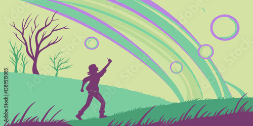 Dreamy Colorful Graphic Illustration Person Silhouette Reaching for Bubbles Rainbow Sky Landscape Trees Grass Rainbow Arcs Whimsical Digital Art Work