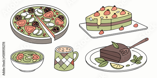Delicious Cartoon Food Illustration Pizza Strawberry Layer Cake Soup Chocolate Dessert and Mug