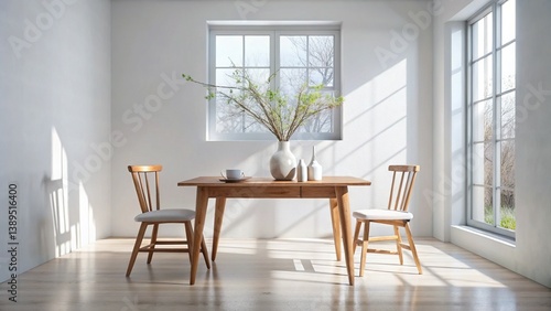 Minimalist Home Office: White Wall, Wooden Table, Two Chairs, Vase