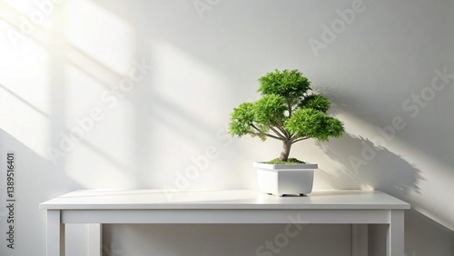 Minimalist Home Office Desk Setup with Bonsai Tree - Copy Space