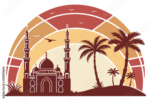 99 Stylized Middle Eastern cityscape, desert sunset, golden sky, silhouette of mosques and minarets, palm trees, circular segmented design, gradient orange to red, minimalist illustration, vector art,