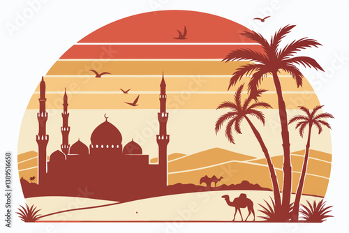 99 Stylized Middle Eastern cityscape, desert sunset, golden sky, silhouette of mosques and minarets, palm trees, circular segmented design, gradient orange to red, minimalist illustration, vector art,