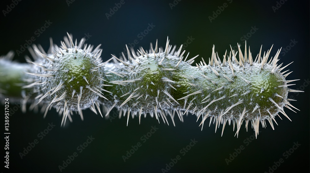 Close-up view of virus particles, studded with spikes. A chain of virus-like structures, highlighted with detailed spikes on each particle. Dark background enhances the virus's texture and shape Close-up view of virus particles, studded with spikes. A chain of virus-like structures, highlighted with detailed spikes on each particle. Dark background enhances the virus's texture and shape