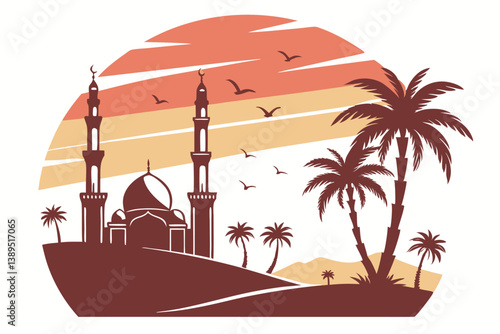 99 Stylized Middle Eastern cityscape, desert sunset, golden sky, silhouette of mosques and minarets, palm trees, circular segmented design, gradient orange to red, minimalist illustration, vector art,