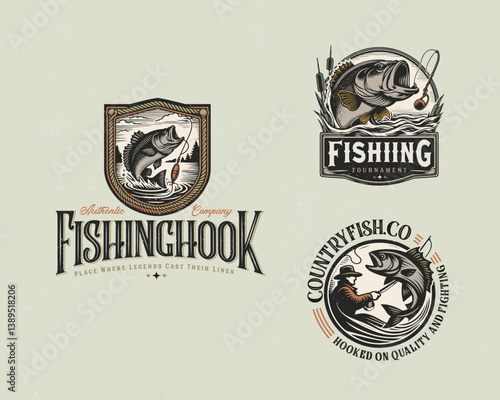 Set of vintage badge fishing Sport Logo Design Template with wild fish and fisherman