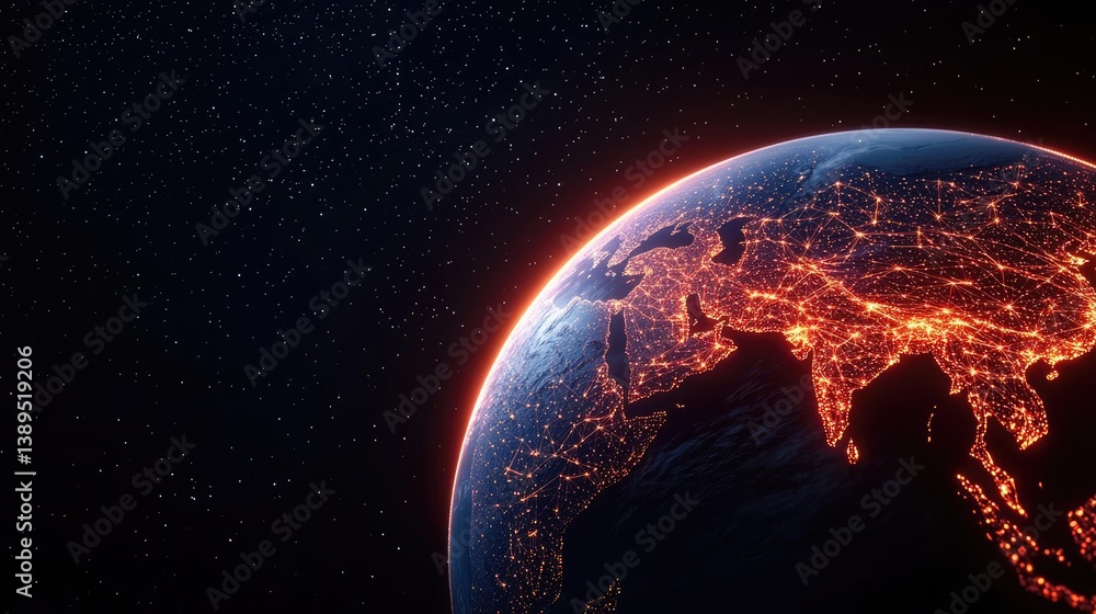 Obraz premium Earth with glowing network and cyberspace data grid concept. Stunning view of Earth from space, showcasing illuminated cities.