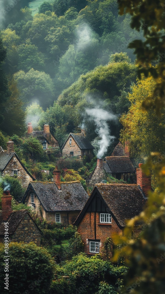 A scenic view of charming cottages nestled in a lush green valley. Wisps of smoke rise from chimneys, creating a cozy atmosphere. Nature embraces this serene village. Generative AI