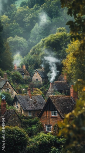 Obraz na płótnie A scenic view of charming cottages nestled in a lush green valley. Wisps of smoke rise from chimneys, creating a cozy atmosphere. Nature embraces this serene village. Generative AI w salonie