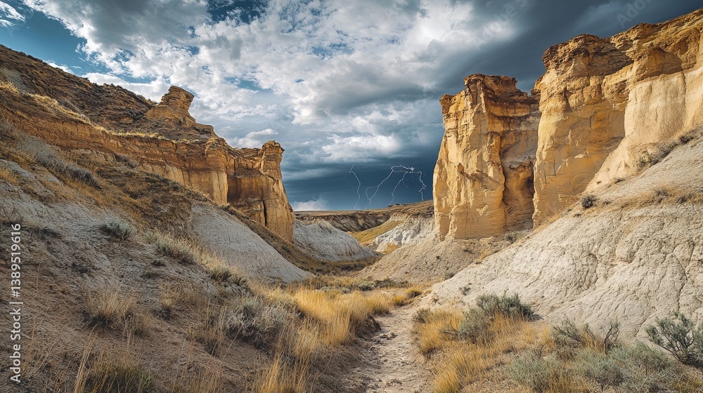A stunning view of dramatic cliffs and sandy paths under a cloudy sky. Nature unfolds its beauty in vast landscapes. Explore the wonders of this valley. Generative AI