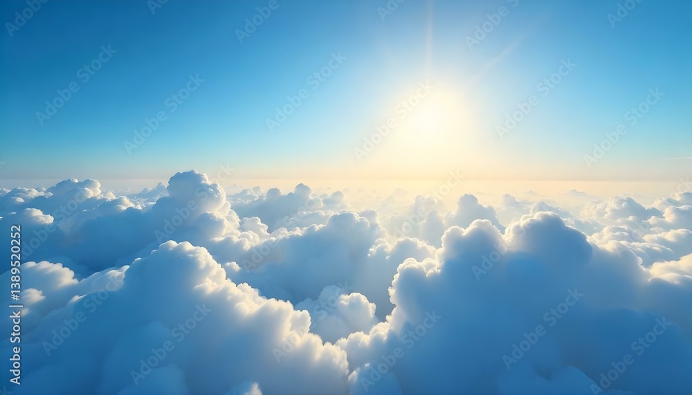 Fototapeta premium A breathtaking view from above the clouds, bathed in the radiant glow of the sun, digital art, the sky is a brilliant blue, fading slightly towards the horizon