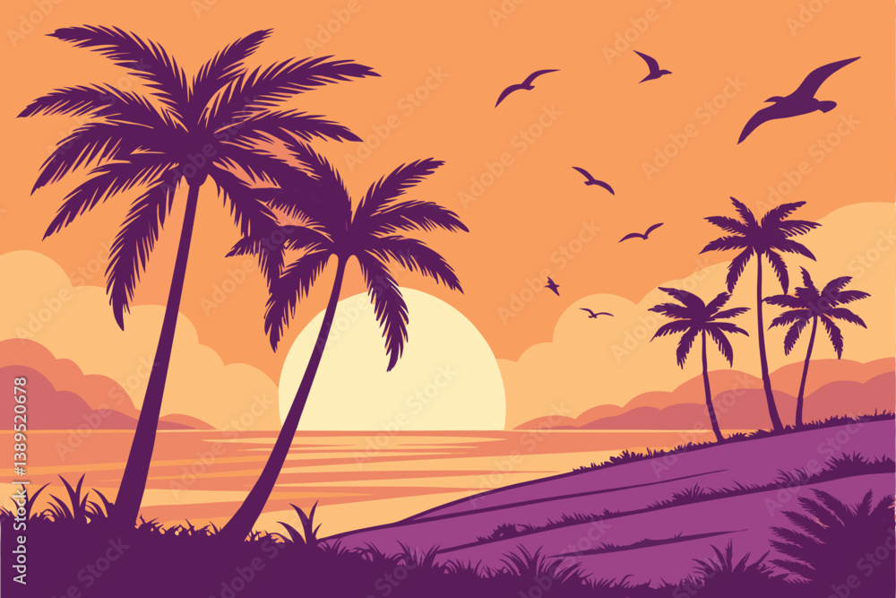 101 Tropical sunset, palm tree silhouettes, vibrant orange and purple sky, birds in flight, beach landscape, gradient colors, warm hues, exotic paradise, vector illustration style, symmetrical composi 101 Tropical sunset, palm tree silhouettes, vibrant orange and purple sky, birds in flight, beach landscape, gradient colors, warm hues, exotic paradise, vector illustration style, symmetrical composi