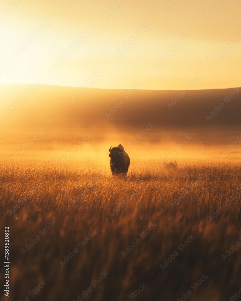 Majestic bison stands in a golden field during sunset. The serene landscape showcases the beauty of wildlife. Nature captivates with its tranquility and power. Generative AI