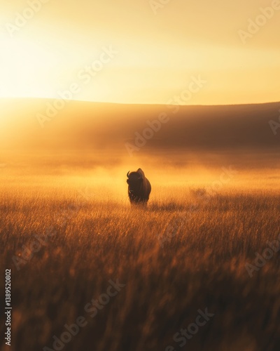 Obraz na płótnie Majestic bison stands in a golden field during sunset. The serene landscape showcases the beauty of wildlife. Nature captivates with its tranquility and power. Generative AI w salonie