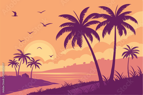 101 Tropical sunset, palm tree silhouettes, vibrant orange and purple sky, birds in flight, beach landscape, gradient colors, warm hues, exotic paradise, vector illustration style, symmetrical composi