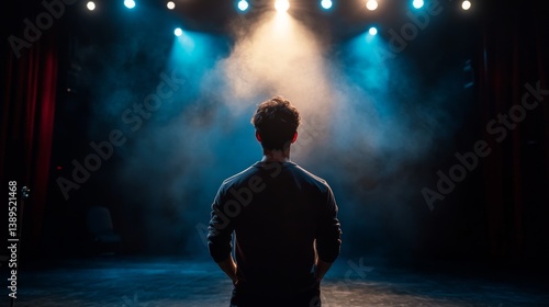 Obraz na płótnie A performer stands alone on stage under dramatic lighting. Shadows dance as the spotlight illuminates the scene. Emotions build in the air. Generative AI w salonie