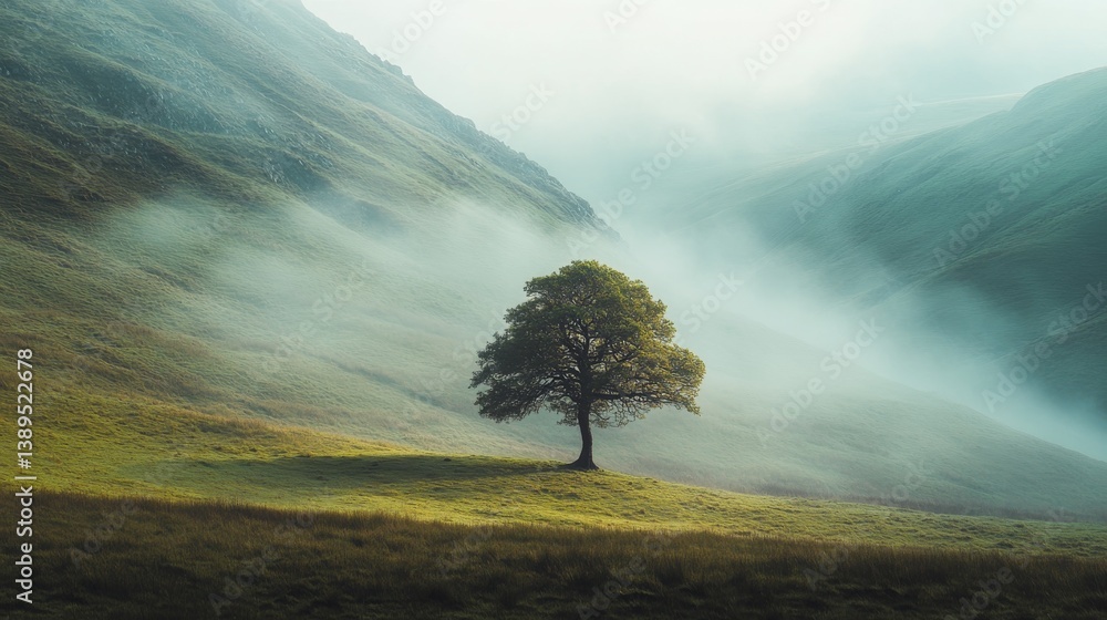 A solitary tree graces a misty valley. The landscape is serene and calm. Nature’s beauty is captured perfectly in this tranquil scene. Generative AI