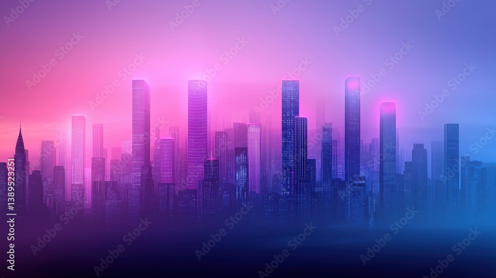 Futuristic Urban Skyline at Dusk with Neon Lights and Haze Futuristic Urban Skyline at Dusk with Neon Lights and Haze