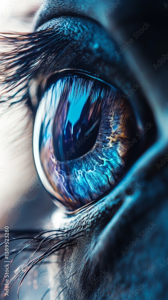 A close-up of a stunning eye. Observe the intricate details and colors of the iris. This image captures beauty and depth. Perfect for animal lovers or artistic projects. Generative AI