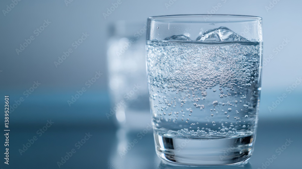 Sparkling water glass, ice cubes, bubbles, studio shot, refreshment Sparkling water glass, ice cubes, bubbles, studio shot, refreshment