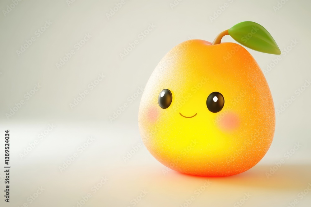 A cute, glowing 3D rendered peach with a happy face and leaf. A cute, glowing 3D rendered peach with a happy face and leaf.