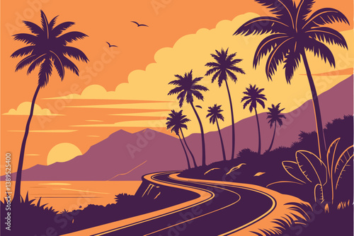 103 Tropical sunset, coastal road, palm trees, vibrant sky, orange and purple hues, reflective asphalt, curving highway, silhouetted mountains, sun rays, tranquil ocean, scenic landscape, digital art 