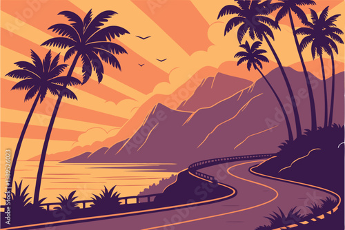 103 Tropical sunset, coastal road, palm trees, vibrant sky, orange and purple hues, reflective asphalt, curving highway, silhouetted mountains, sun rays, tranquil ocean, scenic landscape, digital art 