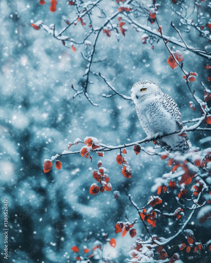A snowy owl perches on a branch while snowflakes gently fall. The serene winter scene captures the beauty of nature. A perfect representation of winter wildlife. Generative AI