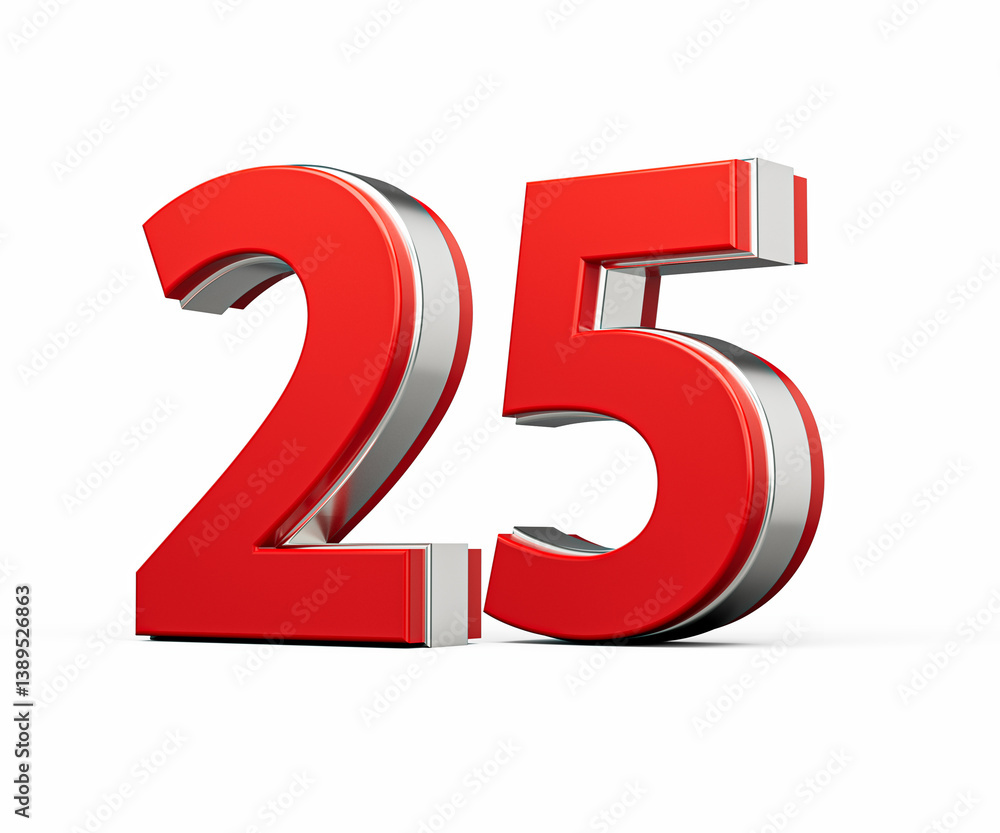 Bold Vibrant Red Number Twenty five Number 25 With Metallic On White Background 3D Illustration Bold Vibrant Red Number Twenty five Number 25 With Metallic On White Background 3D Illustration