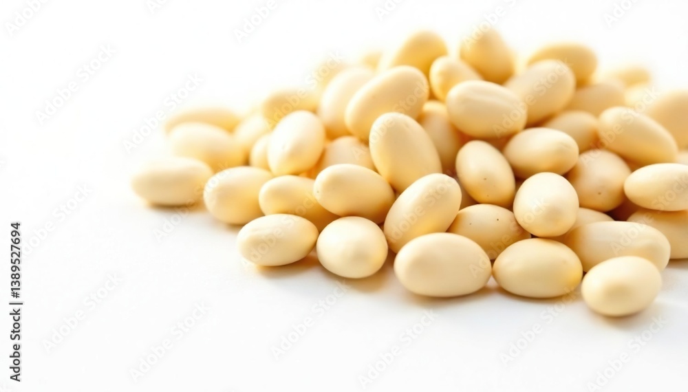 Scattered dried white beans on pure white background, nutrition, background Scattered dried white beans on pure white background, nutrition, background