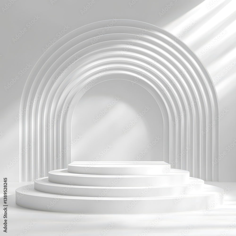 Elegant white circular podium with arched backdrop bathed in soft sunlight perfect for product display or minimalist Elegant white circular podium with arched backdrop bathed in soft sunlight perfect for product display or minimalist