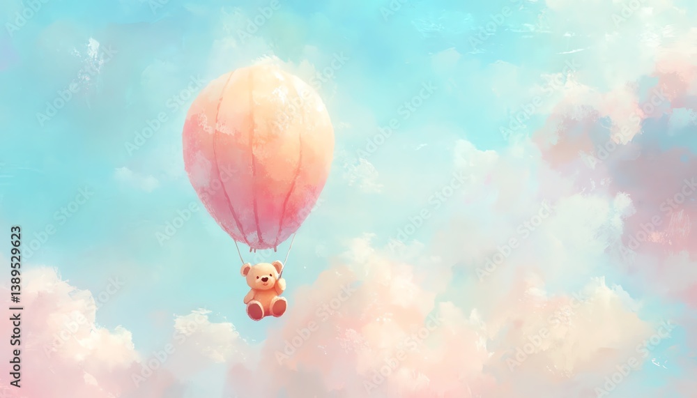 Fototapeta premium Watercolor teddy bear on an air balloon, whimsical pastel sky background, lighthearted design, adorable scene, highquality stock image, generative AI