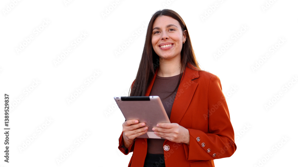 Businesswoman smiling and holding digital tablet with transparent background Businesswoman smiling and holding digital tablet with transparent background