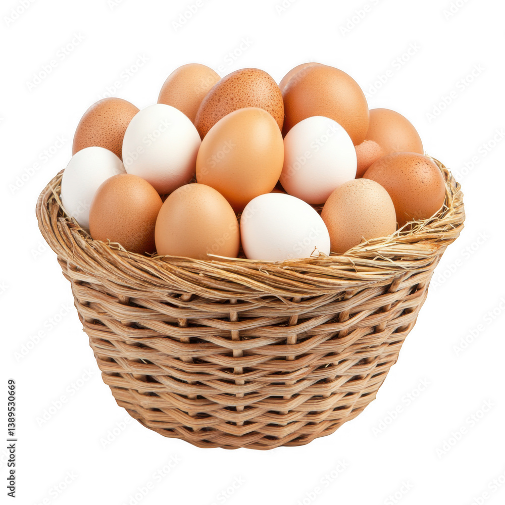 Assorted eggs in a woven basket display on a transparent background perfect for culinary projects and design elements Assorted eggs in a woven basket display on a transparent background perfect for culinary projects and design elements