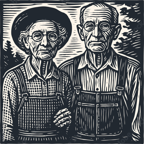 Vintage engraving style vector. Portrait of an elderly farmer couple wearing glasses, overalls, and hat. Stoic, rural, historical theme.