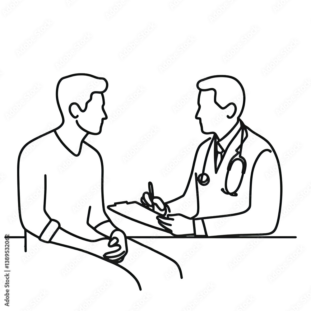 Simple one line drawing of hospital doctor consulting man patient, transparent background PNG image Simple one line drawing of hospital doctor consulting man patient, transparent background PNG image