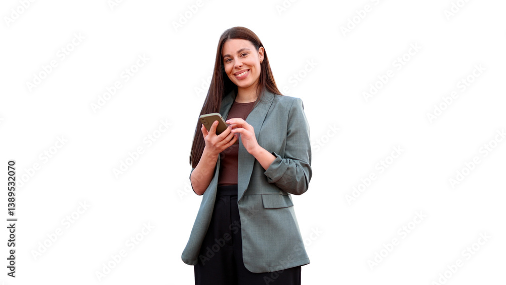 Smiling professional woman working on smartphone, clear backdrop Smiling professional woman working on smartphone, clear backdrop