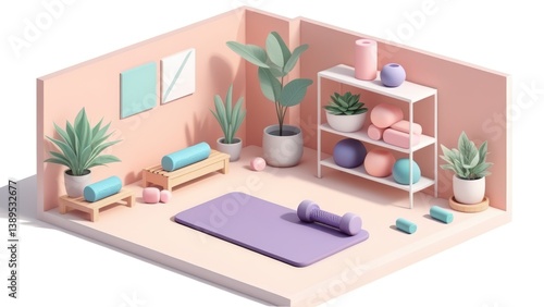 sometric illustration of home fitness space with roller, mat, blocks and plants