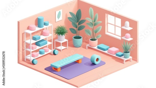 Modern home gym setup in isometric style with massage roller and yoga tools