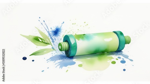 Delicate watercolor of massage roller with soft fluid strokes and fresh colors