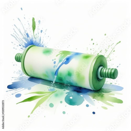 Soft blue and green accents around massage roller in artistic watercolor style