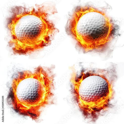 Fiery Golf Balls engulfed in intense flames burning bright against a white background a dynamic sports image with