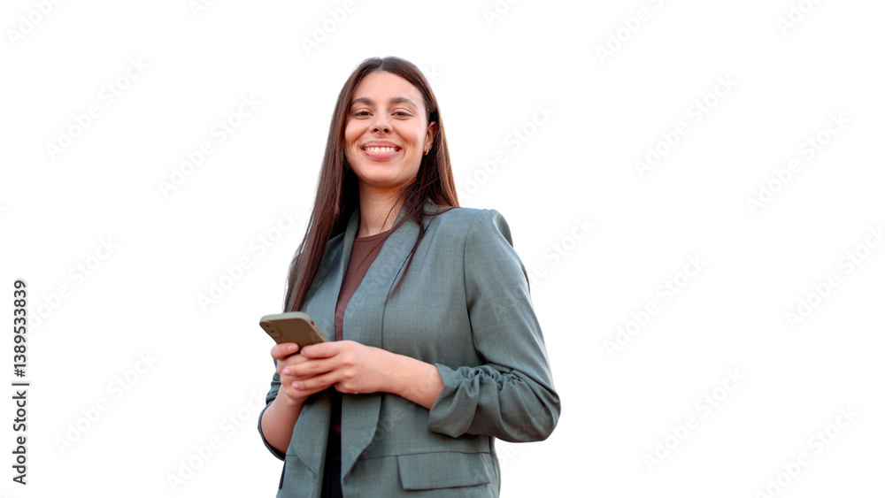 Smiling professional woman working on smartphone, white background Smiling professional woman working on smartphone, white background