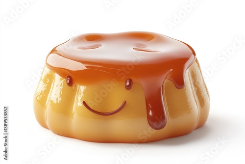 A happy caramel custard pudding with a smiling face, topped with glossy caramel.